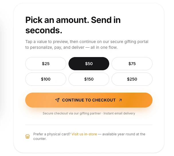 Digital Next Stop Cafe gift card being sent from a phone — perfect online gift for friends and family in Winnipeg